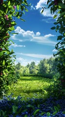 Green field with purple flowers and trees, framed by foliage, under a blue sky with white clouds. Perfect for nature ads.
