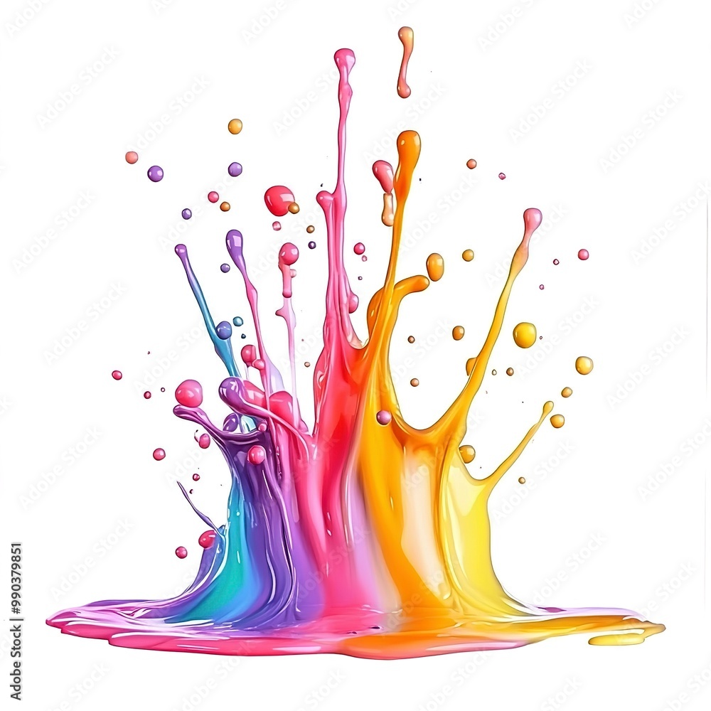 Poster Abstract vibrant multicolor wet paint splash of drops isolated on white background  