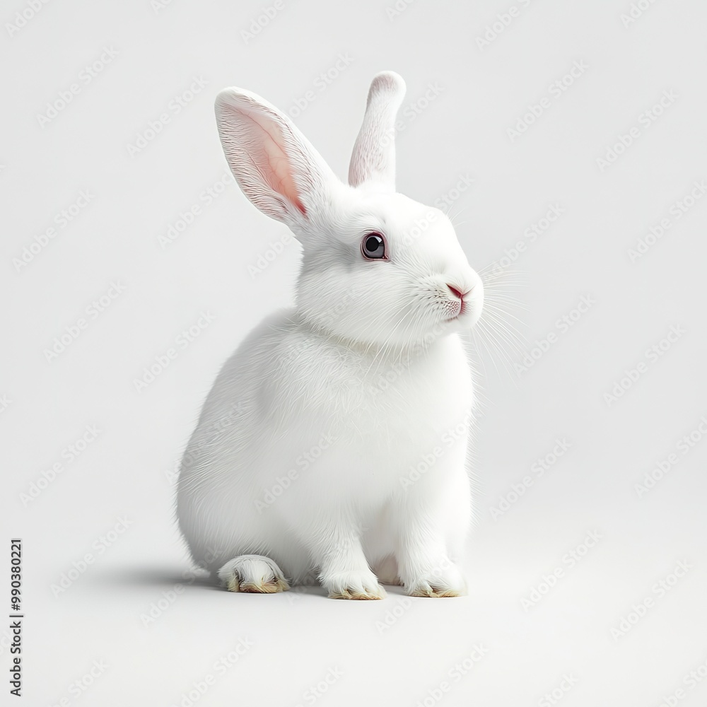 Wall mural A white rabbit (portrait, sitting), animal bundle isolated on a white background 