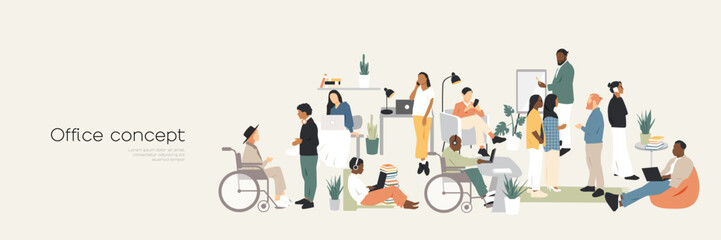 Office concept. Different people work together. Modern minimalist design.