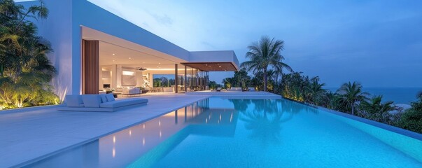 Fototapeta premium A modern villa with a sleek design, featuring a tranquil pool and tropical landscaping under a serene twilight sky.