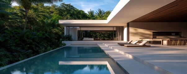 Fototapeta premium A modern home overlooking a serene pool, surrounded by lush greenery, showcasing seamless indoor-outdoor living design.