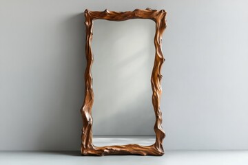 Large rectangular mirror with intricate wooden frame displayed against a plain wall indoors
