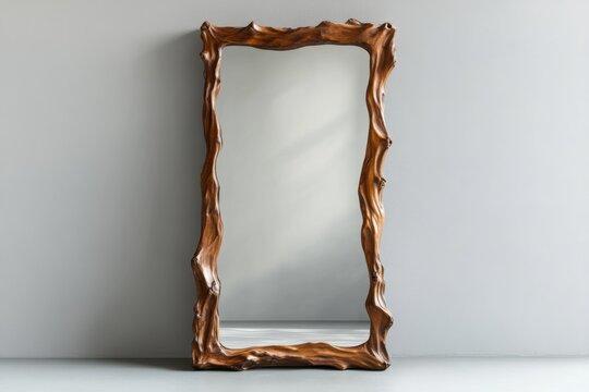Large rectangular mirror with intricate wooden frame displayed against a plain wall indoors