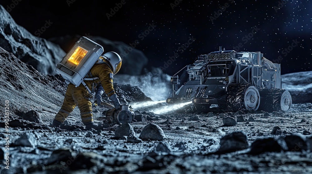 Poster astronaut working on a lunar rover with a starry sky in the background