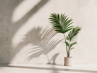 A vibrant potted palm plant casts intricate shadows against a textured wall, showcasing a harmonious blend of nature and minimalist design.