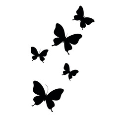 a black and white illustration of a group of six butterflies. The butterflies are arranged in a scattered manner