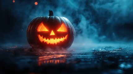 Halloween pumpkin lantern with ghost in night scary autumn forest. Spooky celebration background.