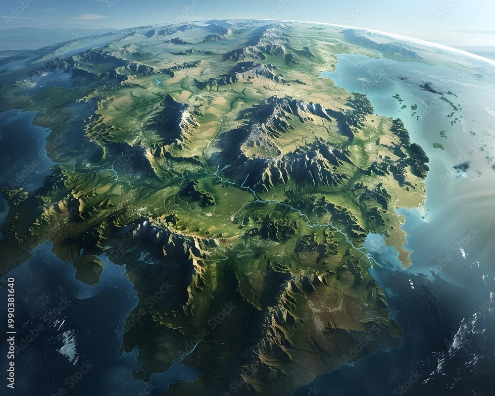 Poster exaggerated geographical features of planet earth in panoramic overview