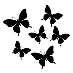 a black and white illustration of a group of six butterflies. The butterflies are arranged in a scattered manner