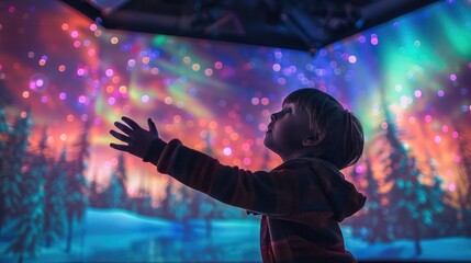 An immersive room that simulates the northern lights as children can touch the northern lights. The northern lights projected by laser projection are right above the children.