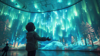 An immersive room that simulates the northern lights as children can touch the northern lights. The northern lights projected by laser projection are right above the children.