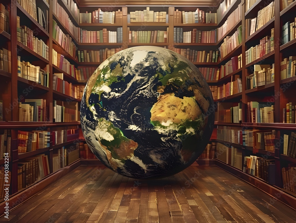 Poster global knowledge hub earth transformed into a vast library of interconnected wisdom