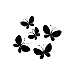 a black and white illustration of a group of six butterflies. The butterflies are arranged in a scattered manner