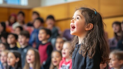 Fototapeta premium Students sing and perform joyfully on stage while parents and teachers watch proudly