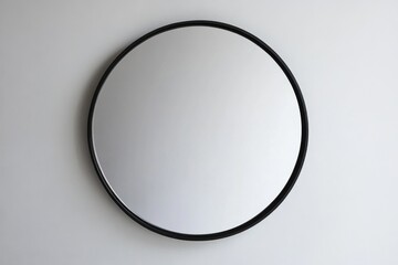 Modern round mirror with sleek black frame mounted on a plain wall