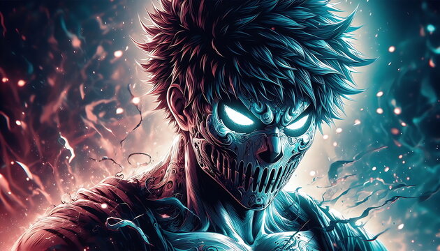 Epic Anime MC in a Ghost Mask with Lightning and Flame Effects &ndash; Perfect for T-Shirts, Posters, Music Covers, YouTube Thumbnails, Print-on-Demand, Wallpaper , and Artistic Backgrounds
