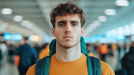 Fototapeta premium Young Man with Backpack in Busy Airport Scene