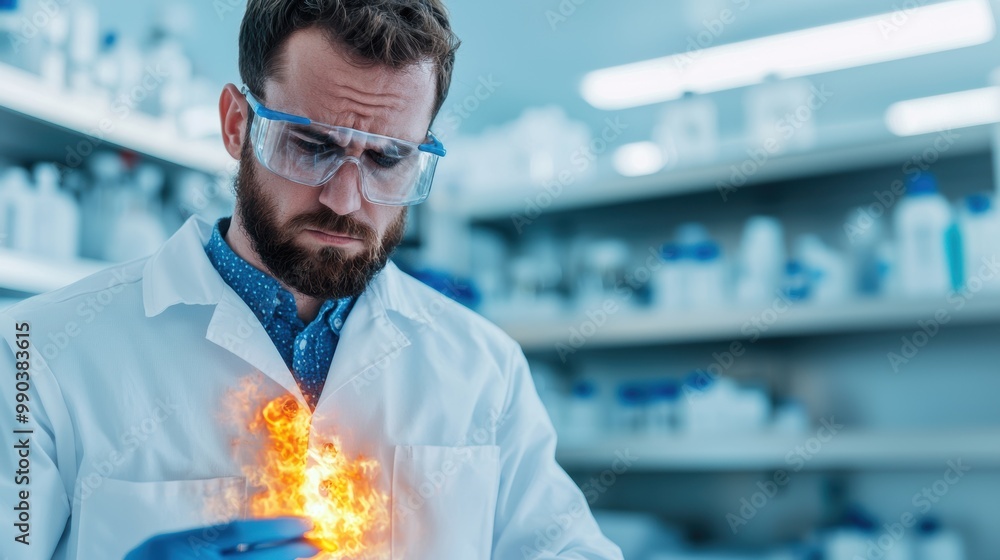 Poster scientist conducting experiment with fire in lab