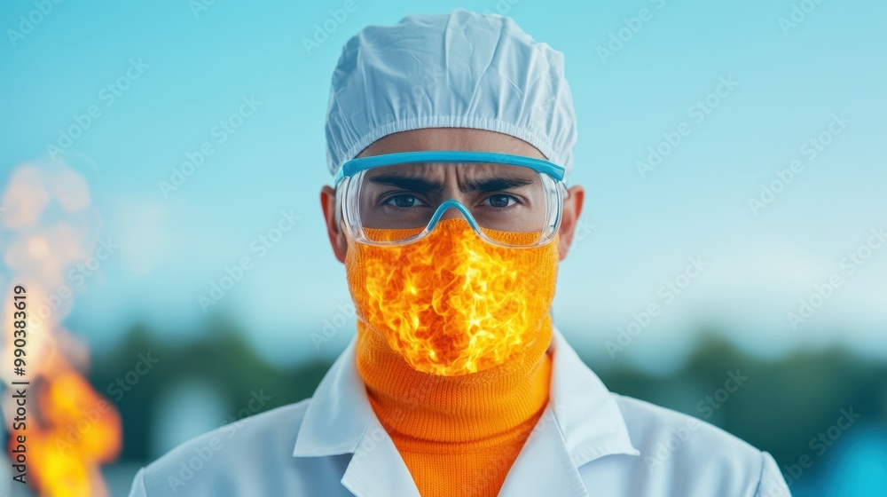 Poster Scientist with Fiery Mask in Lab Environment