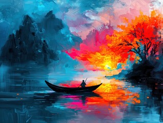 Fototapeta premium Abstract bright colors painting of boat on the water