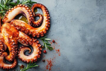Grilled octopus tentacles drizzled with olive oil on a rustic kitchen surface