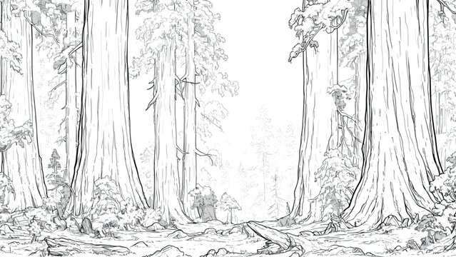 Forest of Tall Sequoias Coloring Book Page Clean Line Art Majestic Sequoia Trees Illustration Serene Forest Scene Fun Nature Drawing for Kids Grand Tree Art Page