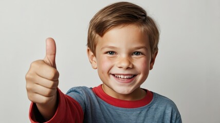 Happy child showing thumbs up, white background