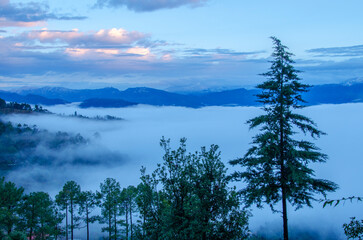 Himalayas mountain range, Spectacular and Mesmerizing landscape, view of the mystical land of Kumaun, near Munsiyari, Pithoragarh, Uttarakhand, India. Background, cover, copy space, soft focus