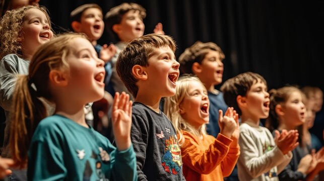 Children joyfully sing and perform on stage, promoting diversity and inclusion during the assembly