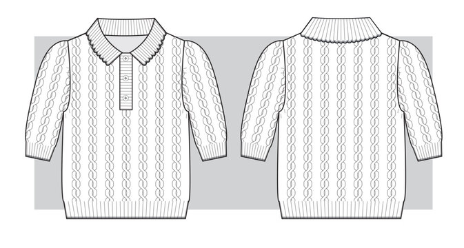 Knitted polo t-shirt with braids. Technical scketch.