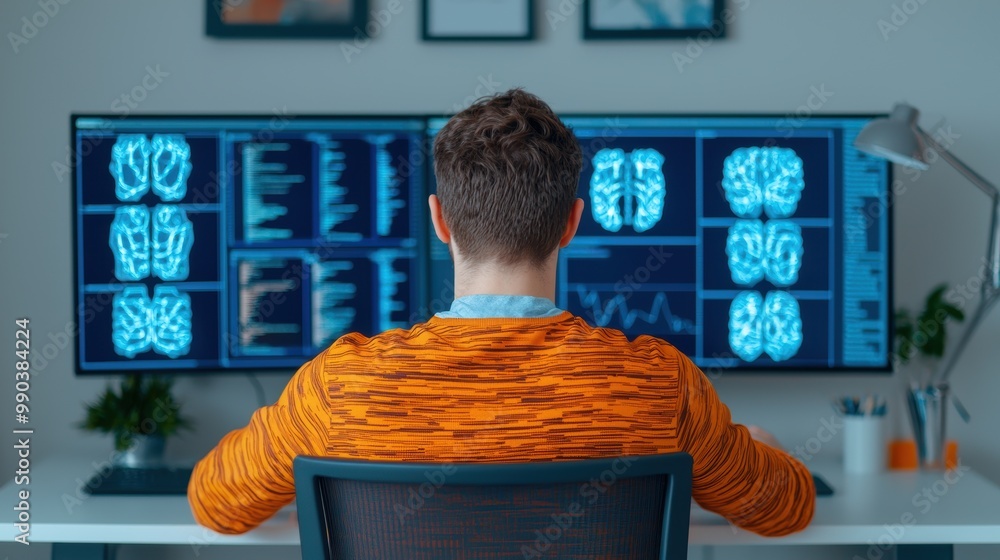 Poster man analyzing brain scans on dual monitors