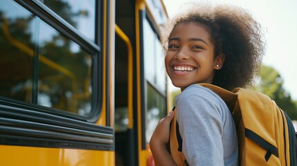 Smiling girl with backpack getting on school bus
