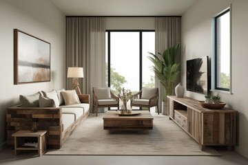 Artistic Home Interior Rendering: Serene Modern Atmosphere with Reclaimed Wood Furnishings and Calm Design