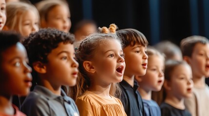 Fototapeta premium Children joyfully sing on stage, showcasing talents and celebrating diversity at a school assembly
