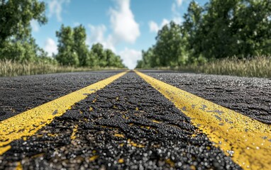 3D rendering of a road showcases ultra-realistic detail with smooth asphalt, a vibrant landscape, and a dynamic perspective.