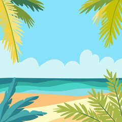 Fototapeta na wymiar Tropical beach frame background with leaf plant. Summer landscape. Sandy beach under the bright sun.