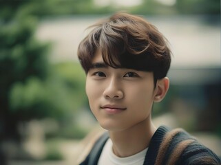 Cute Handsome Korean Man with Messy Brown Hair Looking at Camera Portrait with Bokeh Background