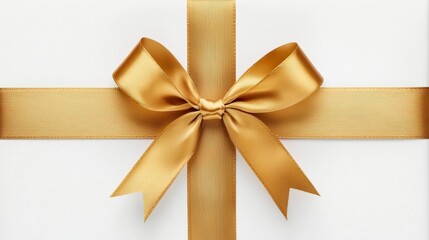 A close-up of a white gift box with a satin gold ribbon, festive holiday gift, hyper-realistic rendering, isolated on white background