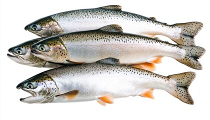 Obraz premium A collection of salmon fish in mid-air, soft lighting and realistic textures, underwater photography style, isolated on white background