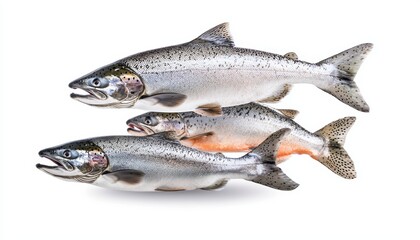Fototapeta premium A collection of salmon fish in mid-air, soft lighting and realistic textures, underwater photography style, isolated on white background
