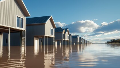 A community of houses built on stilts, safe from rising floodwaters