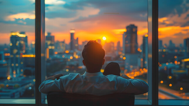 Life-work balance and city living lifestyle concept of business man relaxing, take it easy in office or hotel room resting with thoughtful mind thinking of life quality looking