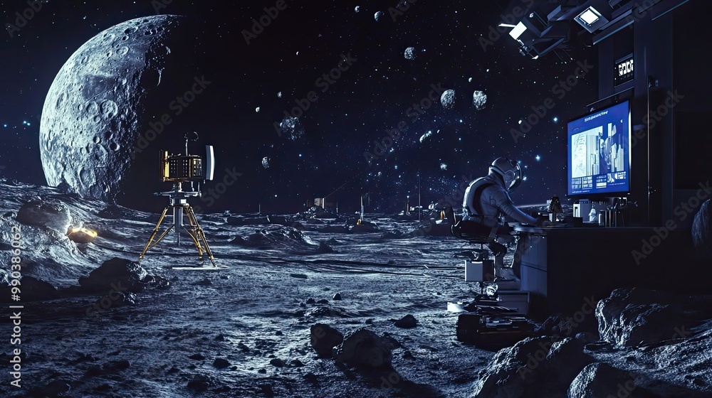 Poster astronaut working at a lunar base with a satellite and moon in the background