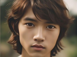 Headshot Portrait of Handsome and Cute Asian Man with Medium-length Hair Looking at Camera with Bokeh Background