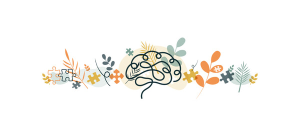 Mental Health theme illustration. Brain with floral elements.