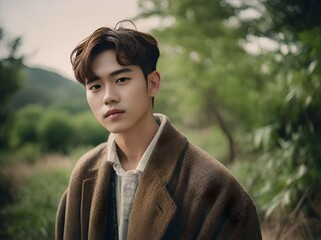 Handsome Korean Boy Wearing Winter Outfits with Messy Brown Hair Looking at Camera in Nature Portrait