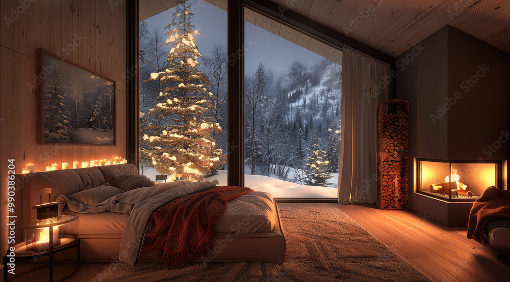 Poster a double-height bedroom with a large, floor-to-ceiling window on one side log cabin. outside is a da
