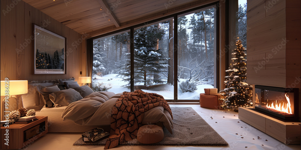 Poster a double-height bedroom with a large, floor-to-ceiling window on one side log cabin. outside is a da
