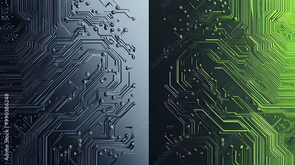 Poster abstract digital background with a half blue and half green circuit board.